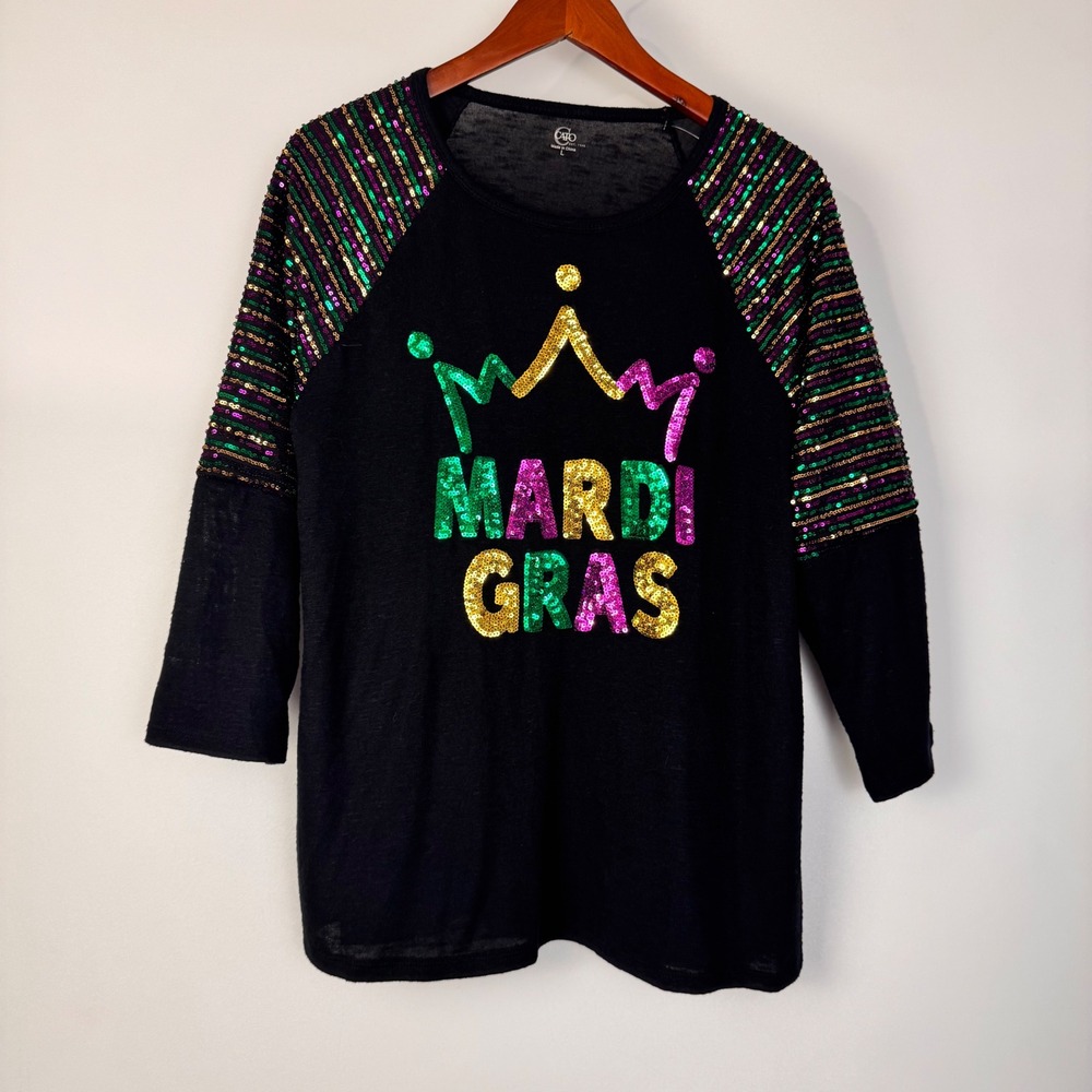 Cato Mardi Gras Top Women L Black 3/4 Sleeve Sequin Crown Festive Party Shirt